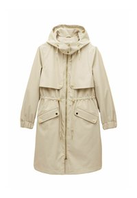 Bežs ūdensizturīgs džemperis ar kapuci, regulējamu vidukli, priekšējo rāvējslēdzēju, divām priekšējām kabatām un elastīgām piedurknēm. Gluda tekstūra.