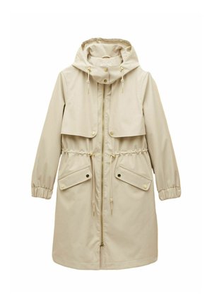 Beige wasserdichte Jacke mit Kapuze, verstellbarem Taillenbund, vorderem Reißverschluss, zwei vorderen Taschen und elastischen Bündchen. Glatte Textur.