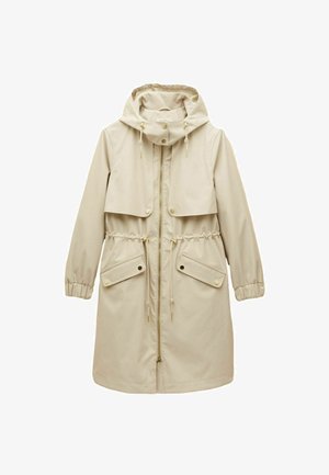 Beige wasserdichte Jacke mit Kapuze, verstellbarem Taillenbund, vorderem Reißverschluss, zwei vorderen Taschen und elastischen Bündchen. Glatte Textur.