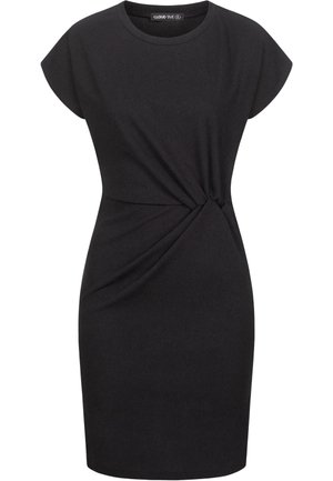 Melna, īsām piedurknēm, kleita, izgatavota no mīkstas auduma, ar savītu mezglu detalizāciju viduklī un pieguļošu siluetu.