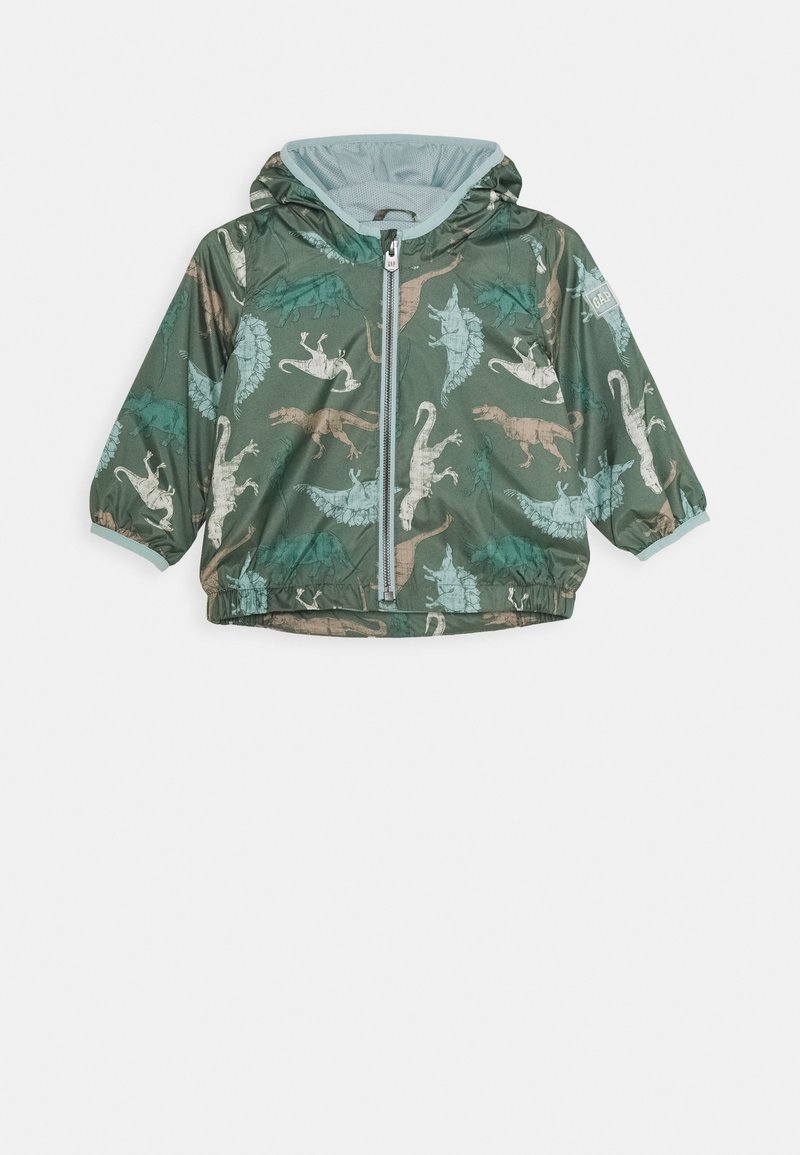 Grüne Jacke mit Dinosaurierdruck, leichtes Material, mit Kapuze, Reißverschluss, elastische Bündchen und glatte Innenauskleidung.