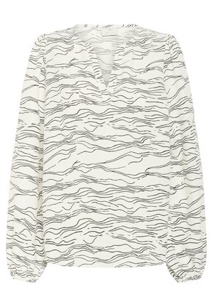 Fehér blúz V-kivágással, fekete hullámos csíkokkal. Hosszú puffos ujjak ráncolt mandzsettával, sima, könnyű anyagból készült.