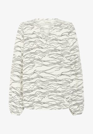 Fehér blúz V-kivágással, fekete hullámos csíkokkal. Hosszú puffos ujjak ráncolt mandzsettával, sima, könnyű anyagból készült.