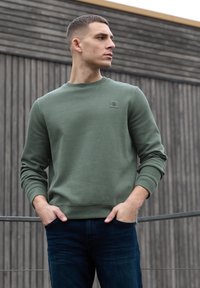 Felpa verde con trama, girocollo e una piccola toppa con logo, indossata con jeans scuri su uno sfondo di legno.