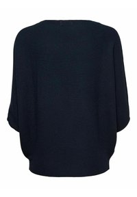 Dunkelblauer Pullover mit geripptem Muster, lockerer Passform, weitem Ärmel und abgerundetem Saum. Die Rückansicht zeigt ein einfaches, minimalistisches Design.