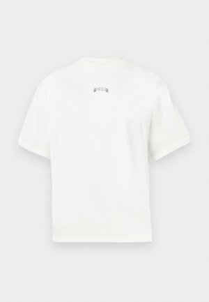 T-shirt blanc à manches courtes avec col rond, arborant un subtil texte brodé vert à l'arrière. Matière en coton doux, coupe décontractée.