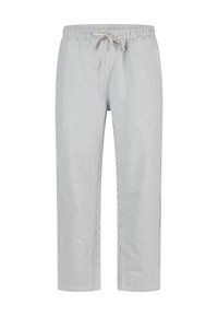 Blauwe en witte gestreepte broek met een elastische tailleband en trekkoord. Heeft een rechte snit en lichte stof. Geen zichtbare zakken.