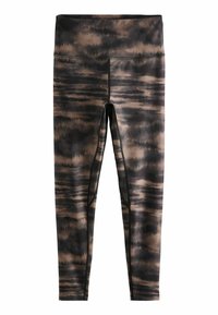 Leggings valmistettu joustavasta kankaasta, jossa on musta ja ruskea sitruunamuoti, korkea vyötärö ja suora siluetti.