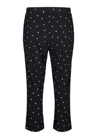 Czarne spodnie w białe kropki, wykonane z gładkiego materiału. Posiadają elastyczny pasek w talii oraz szerokie, proste nogawki.