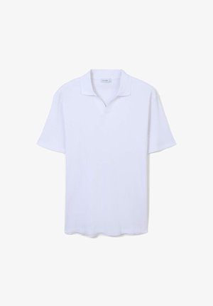 Polo shirt bianco a maniche corte con texture a coste, colletto a V e vestibilità comoda, caratterizzato da un'etichetta del marchio discreta sul colletto.