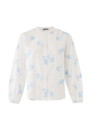 Witte blouse met lichtblauwe bloemrijke borduursels, knoopsluiting aan de voorkant, ronde halslijn, lange mouwen met elastische manchetten en een licht losse pasvorm.