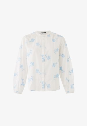 Witte blouse met lichtblauwe bloemrijke borduursels, knoopsluiting aan de voorkant, ronde halslijn, lange mouwen met elastische manchetten en een licht losse pasvorm.