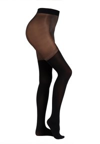 Collants opacos pretos com uma parte superior transparente castanha. A cintura é larga e elástica, apresentando uma transição suave entre os materiais.
