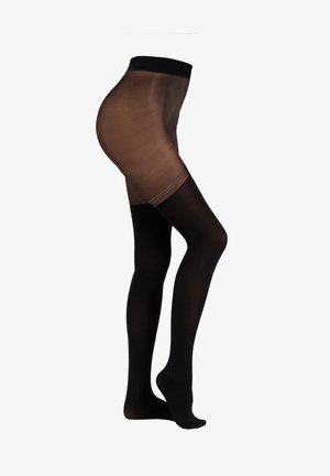 Zwarte ondoorzichtige panty's met een doorschijnende bruine top. De tailleband is breed en elastisch, met een soepele overgang tussen de materialen.