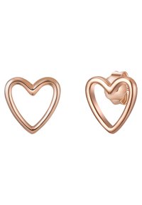 Naušnice u obliku srca od ružičastog zlata s glatkom, poliranom površinom i dizajnom na kopču, s dvostrukim obrubom za dodatnu dimenziju.