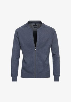 Cardigan zippé bleu pour homme avec poignets et ourlet côtelés, doté d'un col rond et d'un logo discret de la marque sur la poitrine.