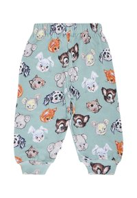 Lichtgroene broek met een multikleurig patroon van dierengezichten, met een elastische tailleband en manchetten, gemaakt van zacht stof.