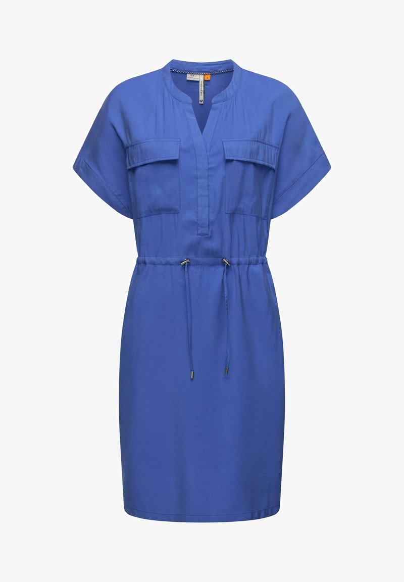 Vestido azul hecho de tejido ligero, con mangas cortas, escote en V, dos bolsillos en el pecho y cintura ajustable con cordón.