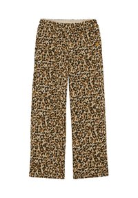 Pantaloni lounge con stampa leopardata in beige, marrone e nero. Vita elastica e gamba dritta, caratterizzati da una texture morbida e un design casual.