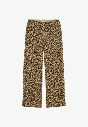 Beigében, barnában és feketében leopárd mintás lazacsaládi nadrágok. Rugalmas derékbőség és egyenes szárak, puha textúrával és laza dizájnnal.