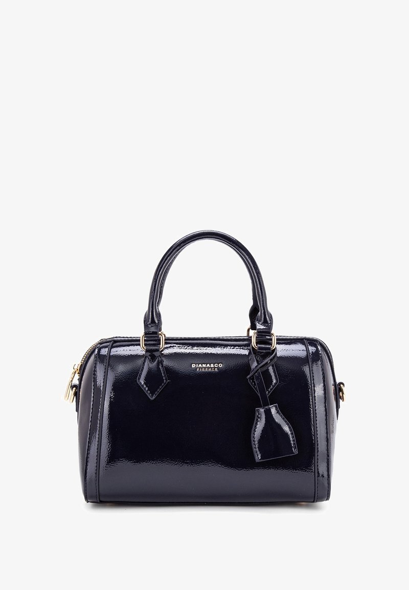 Borsa a mano in pelle verniciata blu navy con manici arrotondati, chiusura con zip e dettagli in chiave dorata. Presenta degli aspetti decorativi e una forma strutturata.