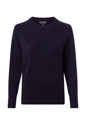 Dunkelblauer Wollpullover, Rundhalsausschnitt, gerippte Bündchen und Saum, weiche Textur, schlichtes Design, keine sichtbaren Muster oder Akzente.
