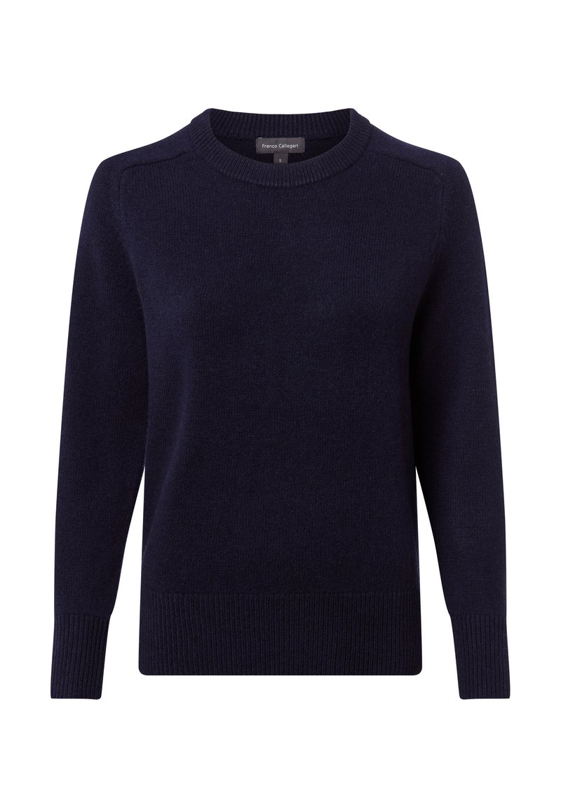 Granatowy wełniany sweter, okrągły dekolt, ściśnięte mankiety i dół, miękka faktura, prosty design, bez widocznych wzorów czy akcentów.