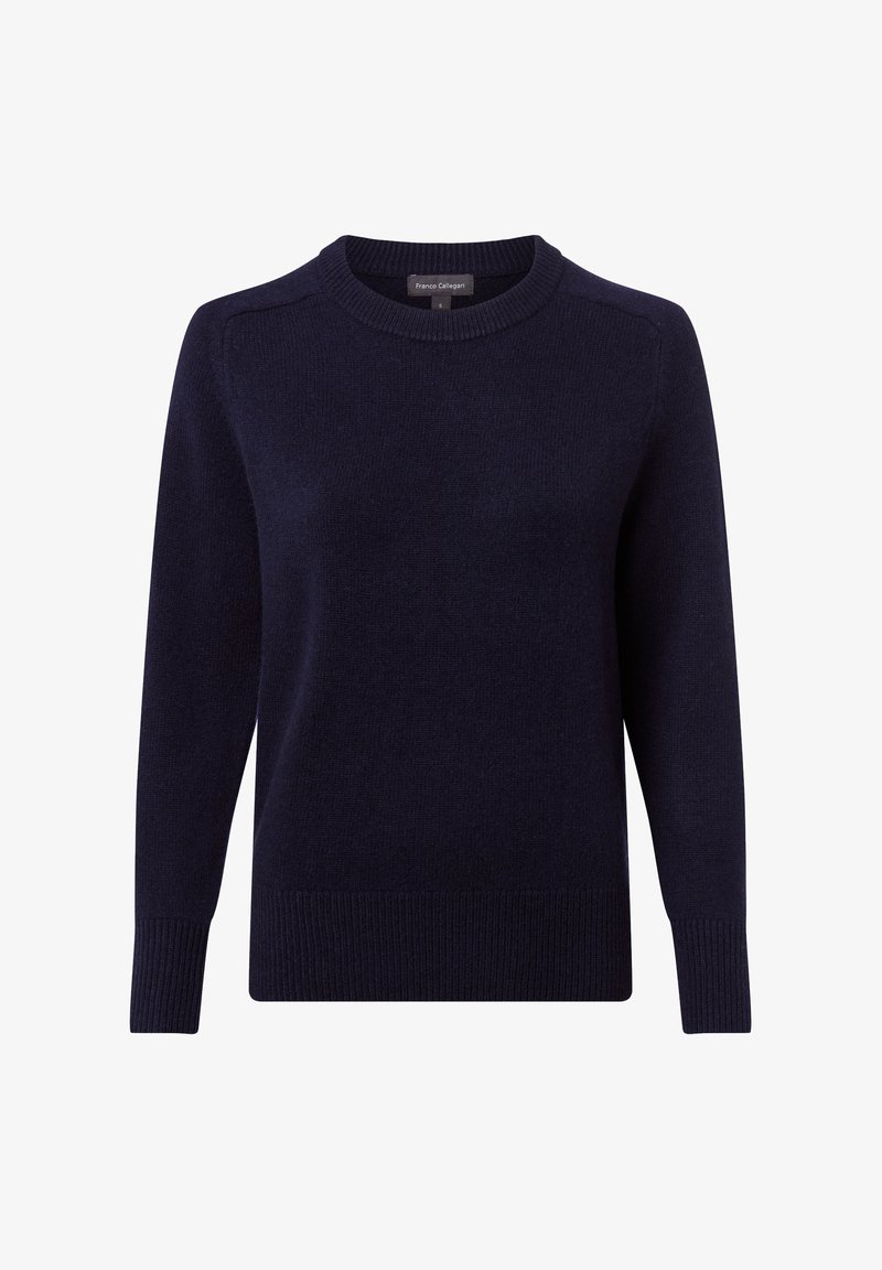 Granatowy wełniany sweter, okrągły dekolt, ściśnięte mankiety i dół, miękka faktura, prosty design, bez widocznych wzorów czy akcentów.