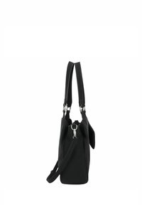 Borsa a mano in tessuto nero con due manici superiori e una tracolla staccabile. Presenta dettagli in metallo argentato e una forma strutturata.