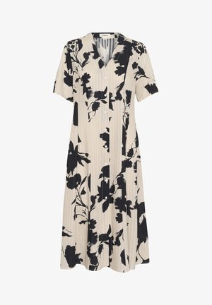 Beżowa sukienka z czarnym kwiatowym wzorem, krótkie rękawy, dekolt w kształcie litery V oraz zapięcie na guziki z przodu. Wykonana z lekkiego, teksturowanego materiału.