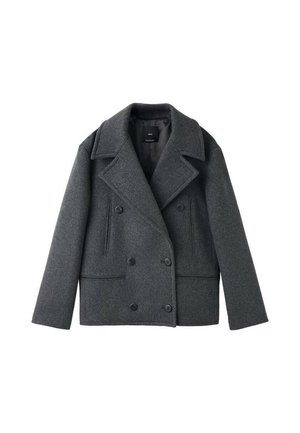 Abrigo de lana gris de mezcla, tipo peacoat, con cierre de doble botonadura, solapas con muesca, dos bolsillos laterales y cierres de botón, que presenta una forma estructurada y una tela texturizada.