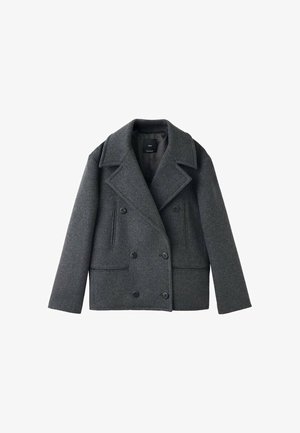 Gray wool blend double-breasted peacoat with notch lapels, two side pockets, and button closures, featuring a structured shape and textured fabric.