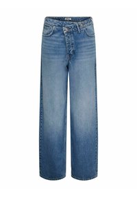 Svetlo modri kavbojasti široki hlače z visokim pasom, ki vključujejo sprednje žepe, zapiranje na gumb in sproščen kroj. Teksturovan material.