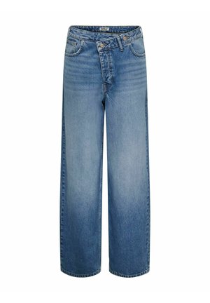 Ljusblå denim byxor med vida ben och hög midja, med framfickor, knappstängning och en avslappnad passform. Texturerad tyg.