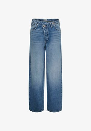 Jean large en denim bleu clair avec taille haute, dotés de poches avant, d'une fermeture à bouton et d'une coupe décontractée. Tissu texturé.