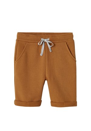Braune Kleinkinder-Shorts mit verstellbarem grauem Tunnelzugbund, Vordertaschen und aufgekrempelten Bündchen vor weißem Hintergrund.