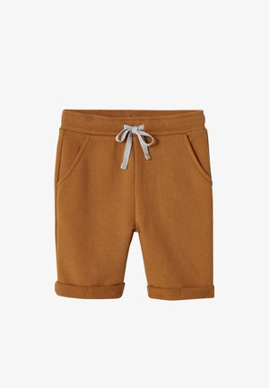 Brown toddler shorts with adjustable gray drawstring waist, front pockets, and rolled-up cuffs on a white background.