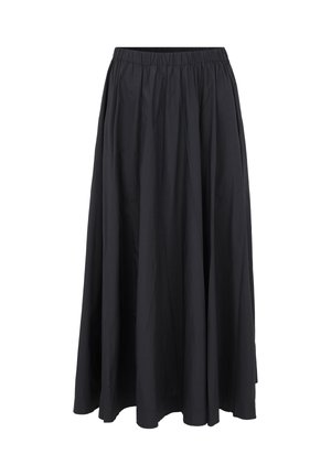 Jupe noire, longueur cheville, fabriquée en tissu léger. Dotée d'une taille élastique, d'une silhouette fluide et sans fermetures ni motifs visibles.