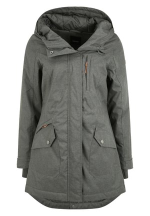 Grå isolert parkdress med hette, med glidelås foran, to frontlommer og en subtil teksturfinish. Utsmykket med brune detaljer.