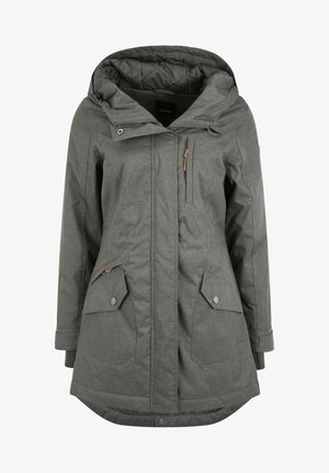 Gray insulated parka with a hood, featuring zippered front, two front patch pockets, and a subtle textured finish. Accented with tan hardware.