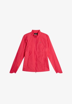 Letvægts rosa jakke med fuld lynlås, høj krave, lange ærmer og logo detalje på brystet. Glat tekstur, minimalistik design.