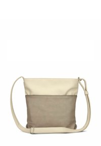 Beige und taupe zweifarbige Leder-Umhängetasche mit verstellbarem Riemen, rechteckiger Form und Reißverschluss oben.