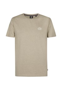 T-shirt en coton beige à manches courtes, col rond et petit logo en haut à gauche. Texture douce avec une coupe décontractée.
