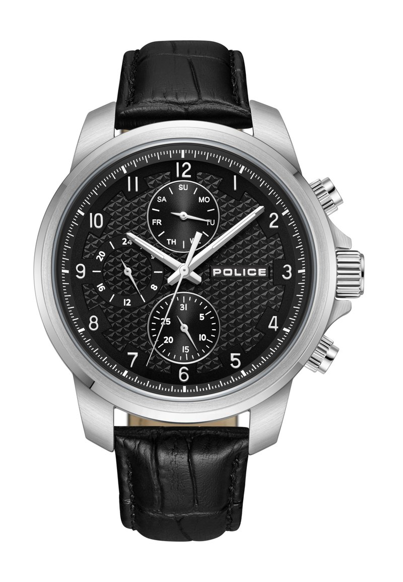 Reloj cronógrafo negro con una esfera negra texturizada, caja de acero inoxidable plateada y correa de cuero negro. Presenta indicadores de fecha y día.