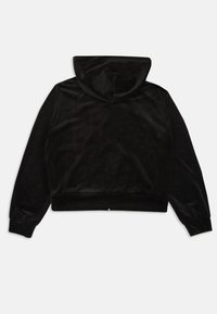 Cropped hoodie preto, feito de veludo suave, com capuz, mangas longas e bainha canelada, sem logótipos ou padrões visíveis.