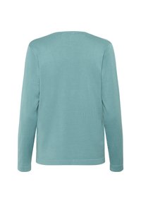 Pull bleu clair en tricot doux, avec des manches longues, un col arrondi et une coupe décontractée avec une texture lisse.