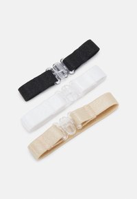 Drie elastische haarbanden in zwart, wit en beige. Elke haarband heeft een transparante plastic connector, een gladde textuur en een plat ontwerp.