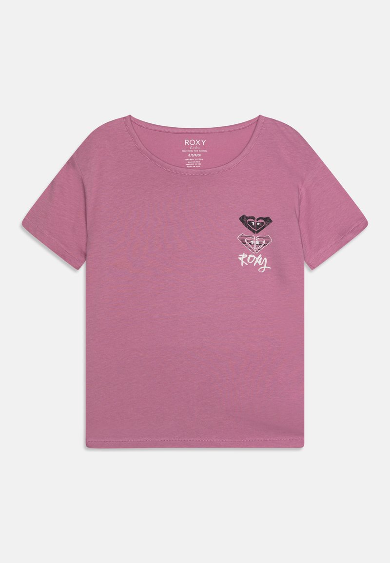 Rosa Roxy t-shirt med rund halsudskæring og korte ærmer. Har et dekorativt logo på forsiden. Lavet af blødt bomuldsmateriale.