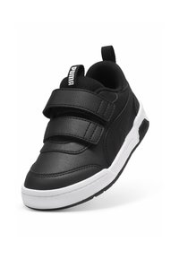 Svarte lær sneakers med doble borrelåser, hvit gummisåle, polstret krage og Puma-logo på hælen. Har stukket detaljer.