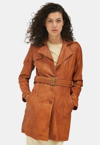 Brown leather trench coat with a belted waist, lapel collar, and button closures, featuring two front pockets and a smooth texture.